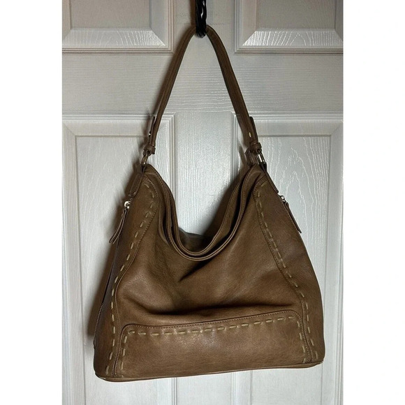 Sasha+Sofi Distressed Hobo Purse Vegan Leather in Tobacco With Stitching Detail - Picture 1 of 12